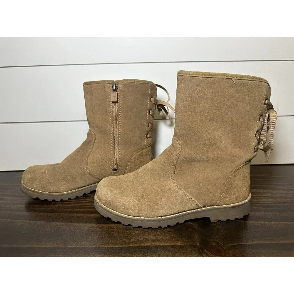 UGG Corene Chesnut Tan Suede‎ Side Zipper Lace Up Back Boots Youth 4